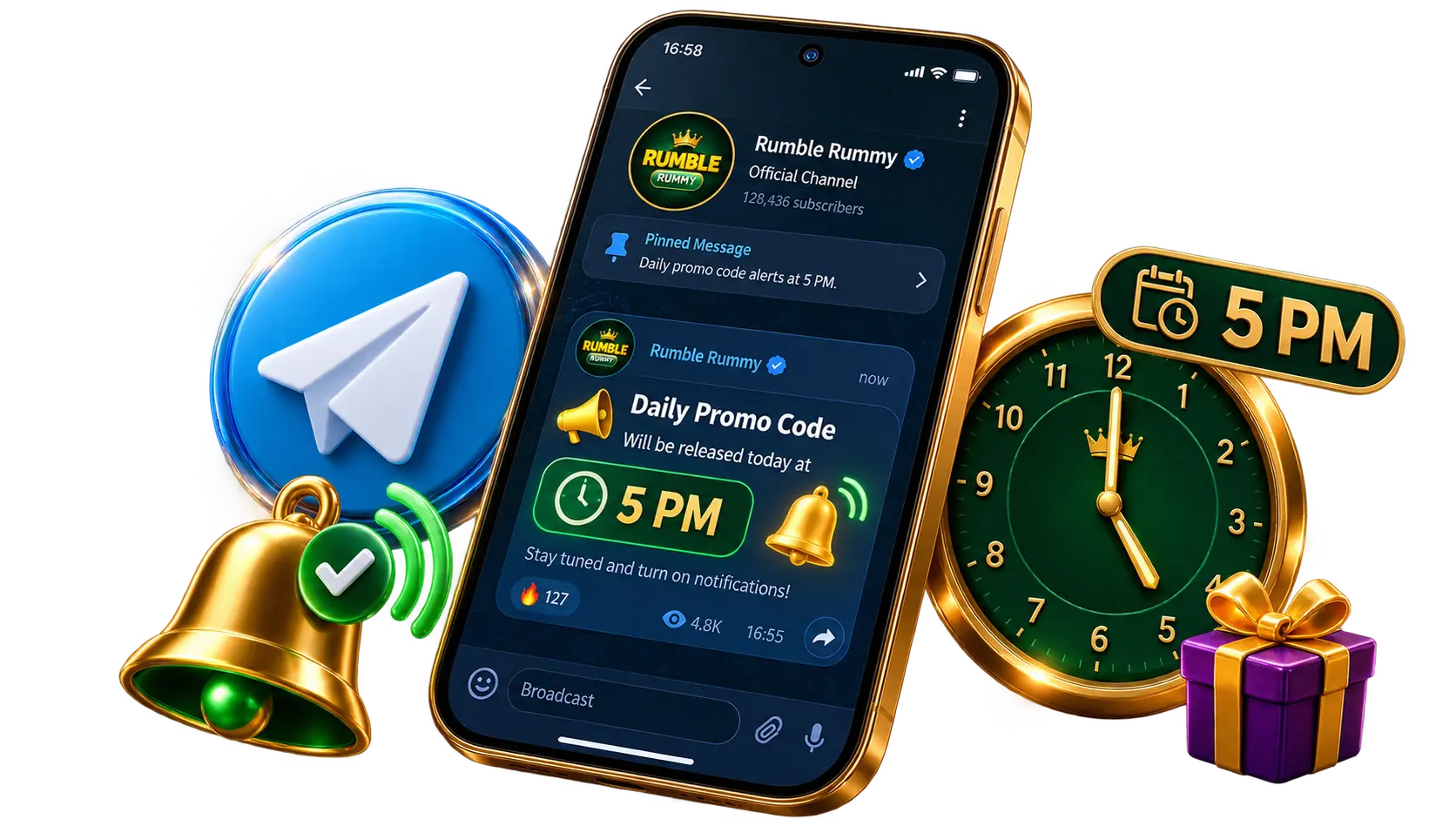 Rumble Rummy Telegram alert for the daily 5 PM promo code
